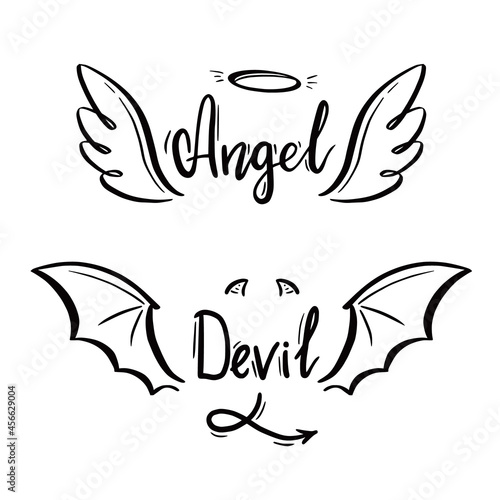 Fototapeta Naklejka Na Ścianę i Meble -  Angel and devil stylized vector illustration. Angel with wing, halo. Devil with wing and tail. Hand drawn line sketch style.