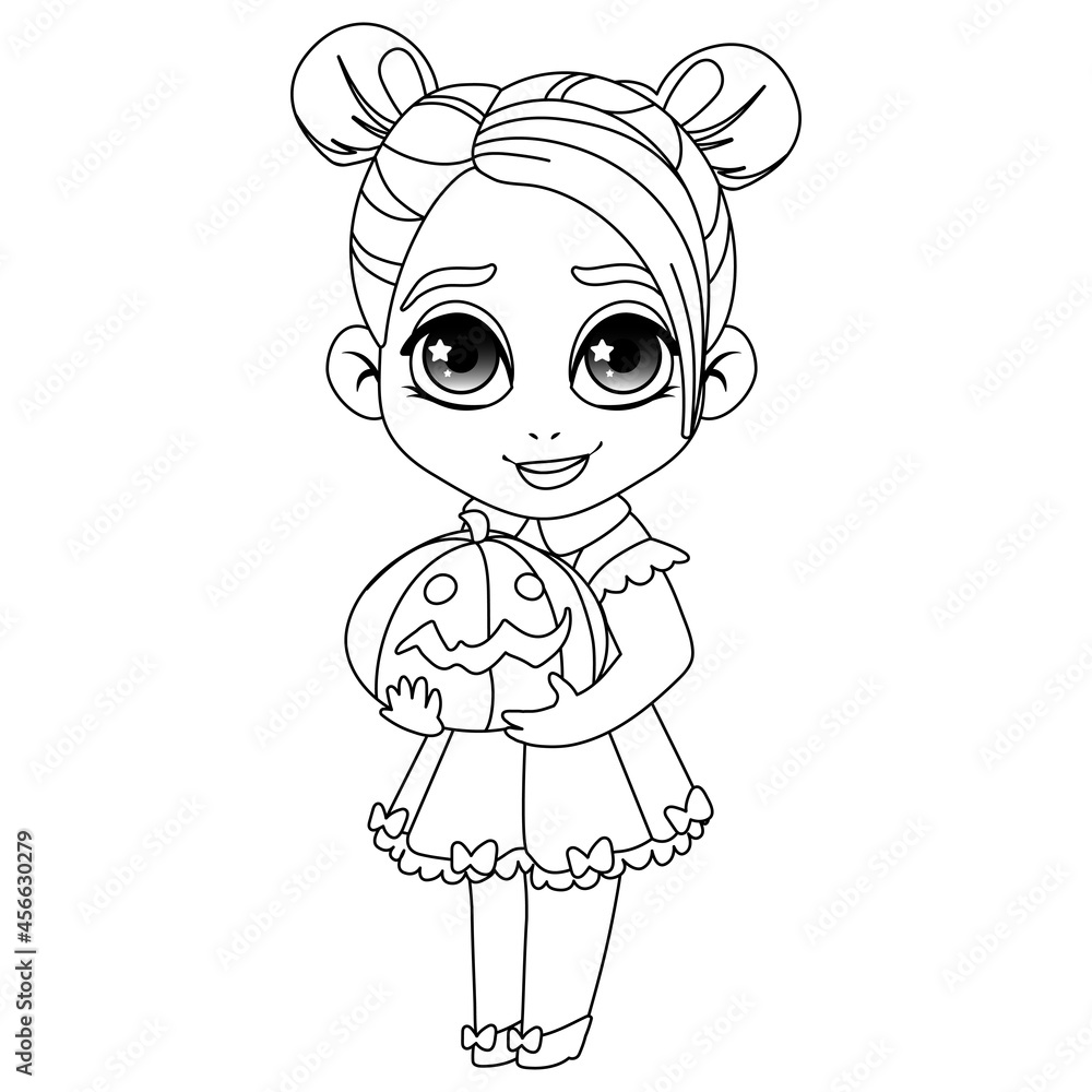 Fototapeta premium Halloween witch with pumpkin. Coloring page
