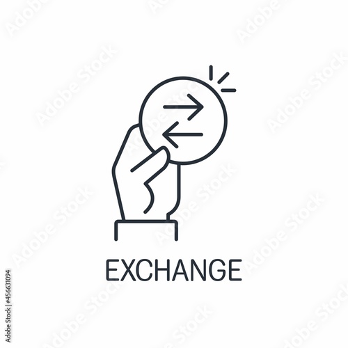 Hand with an offer of exchange. Profitable replacement. Vector linear icon isolated on white background.