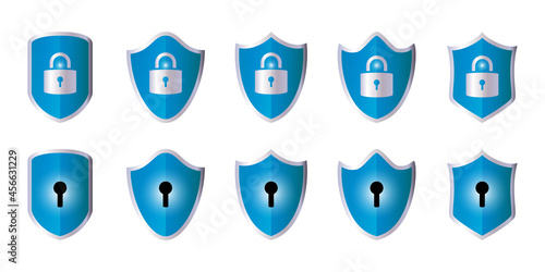 セキュリティ, 鍵, 盾, プライバシー, パスワードのベクター青アイコンセットイラスト photo