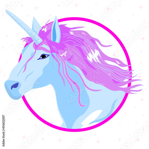 The head of the magic unicorn. Blue horse from fantasy. white background with pink stars. Hand drawing. Illustration.