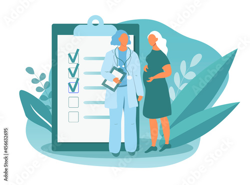 vector hand drawn illustration. doctor talking to pregnant woman. trending flat illustration on pregnancy and motherhood for magazines, websites, apps