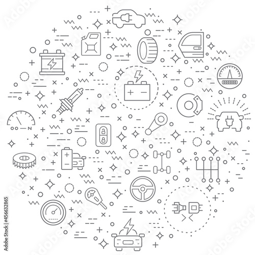 Simple Set of Car parts and car service Related Vector Line Illustration. Contains such Icons as speed meter, electric car, EV charging, station, energy, battery, oil and Other Elements.