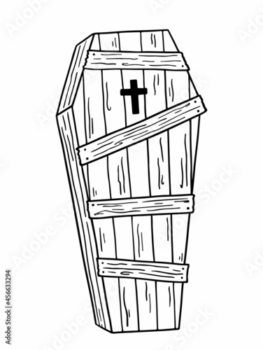 Wooden boarded up coffin with a cross isolated on white background. Hand-drawn vector illustration in doodle style. Perfect for Halloween designs, cards, logo