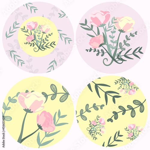 ilustración vectorial editable de cuatro tipo de posavasos o círculos para recursos gráficos, flores y hojas en tonalidades verdes, amarillos y rosados. 