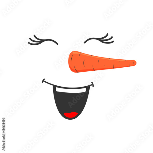 Laughing snowman face isolated on white background. Funny snow man head with closed eyes, open ha ha mouth and carrot nose. Winter holidays design. Vector cartoon illustration.