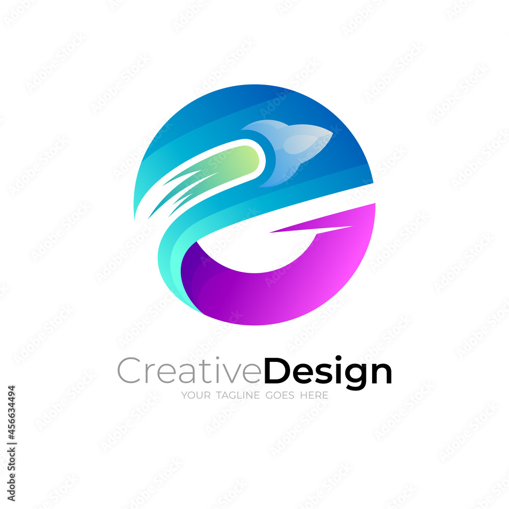 E logo and rocket design combination, colorful icons E logo and rocket design combination, colorful icons