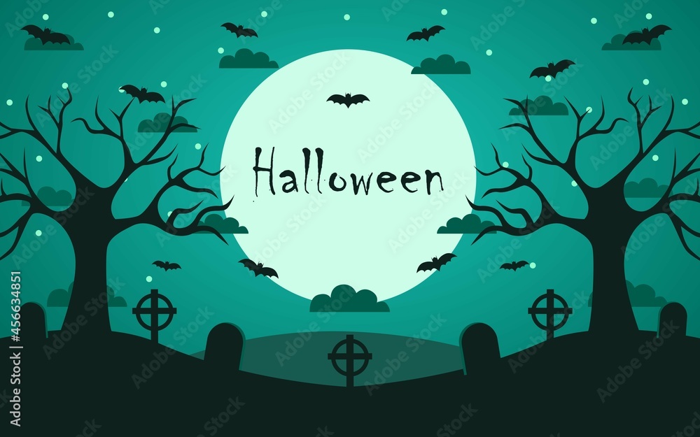 halloween day greeting background with clouds, moon and trees.