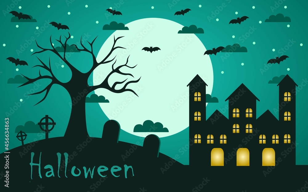 Halloween day greeting background with clouds, moon, trees and castle.