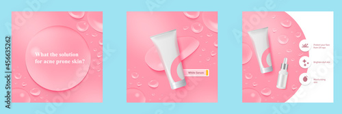 Minimal beauty cosmetic social media square post banner in pink color. For product knowledge, display, price, catalog tips template with icon water droplet bubble soap elements © Adi