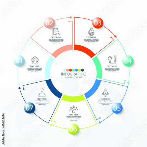 Basic circle infographic template with 7 steps, process or options, process chart, Used for process diagram, presentations, workflow layout, flow chart, infograph. Vector eps10 illustration.