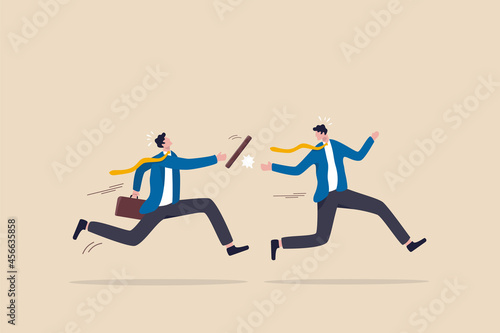 Fail baton pass, failure or mistake causing business lost, bad work transition, struggle relay, error or foul concept, distrust partner businessman fail baton pass losing business competition.