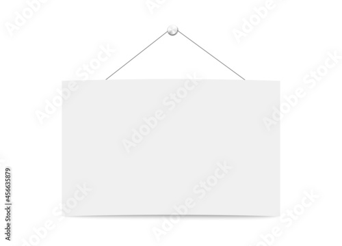 Blank signboard hanging from rope on wall, realistic vector illustration