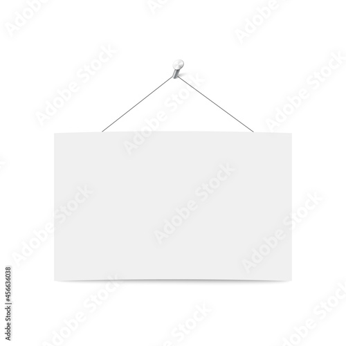 Blank paper sheet hanging on wall nail, realistic vector illustration isolated.