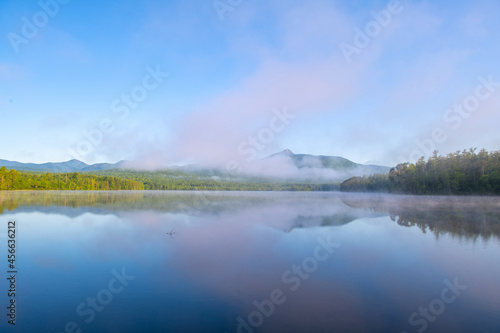 landscape of morning lake in the fog