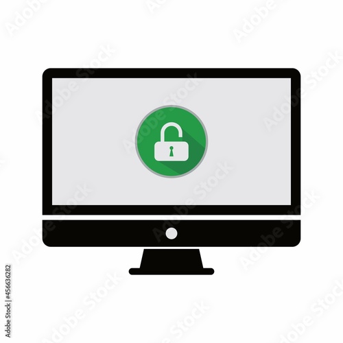 Computer monitor icon with on-off padlock. Flat PC symbol. Vector illustration, template