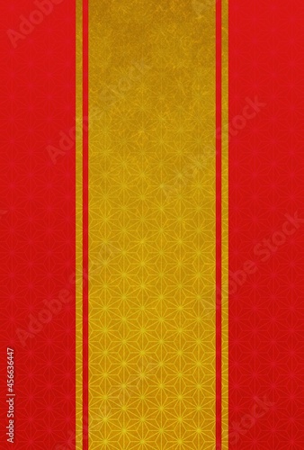 金と赤色で塗り分けられた市松と麻葉模様の和柄背景（ハガキ比率）