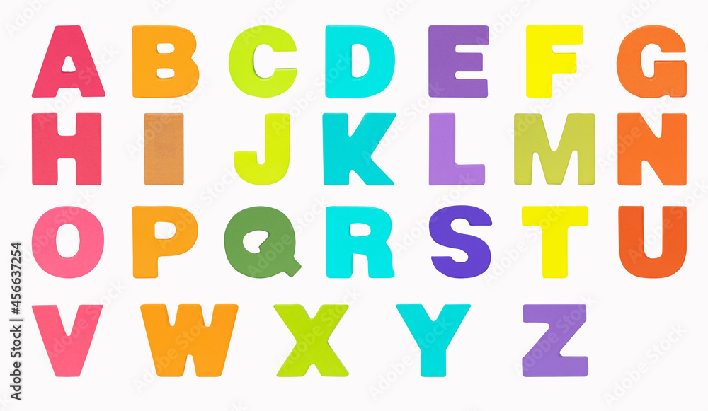 A-Z English alphabet multicolor. Wooden jigsaw tangram puzzle as shape A-Z. English is universal language use all over world. Suitable for children develop their brains. Isolated on white background. A-Z English alphabet multicolor. Wooden jigsaw tangram puzzle as shape A-Z. English is universal language use all over world. Suitable for children develop their brains. Isolated on white background.
