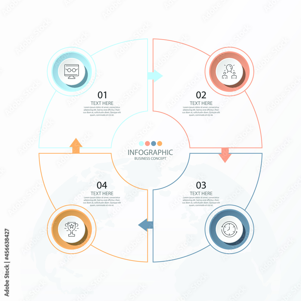 Basic circle infographic template with 4 steps, process or options, process chart, Used for process diagram, presentations, workflow layout, flow chart, infograph. Vector eps10 illustration. Basic circle infographic template with 4 steps, process or options, process chart, Used for process diagram, presentations, workflow layout, flow chart, infograph. Vector eps10 illustration.