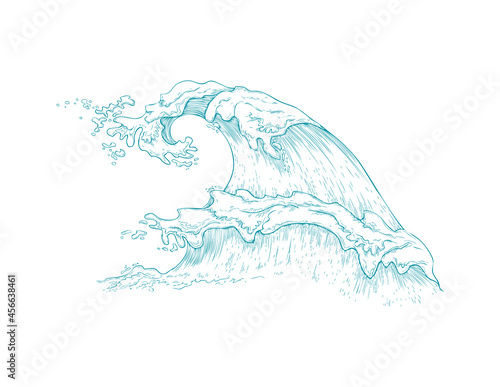 Marine image of giant sea wave hand drawn vector illustration isolated.