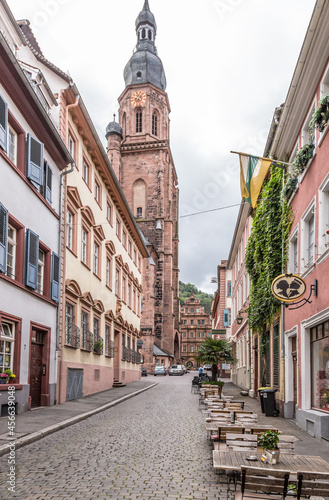 Heidelberg, Germany. Haspelgasse and the bell tower of the Church of the Holy Spirit