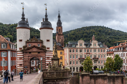Heidelberg, Germany. Old Bridge and Neckartor Gate with two twin towers 