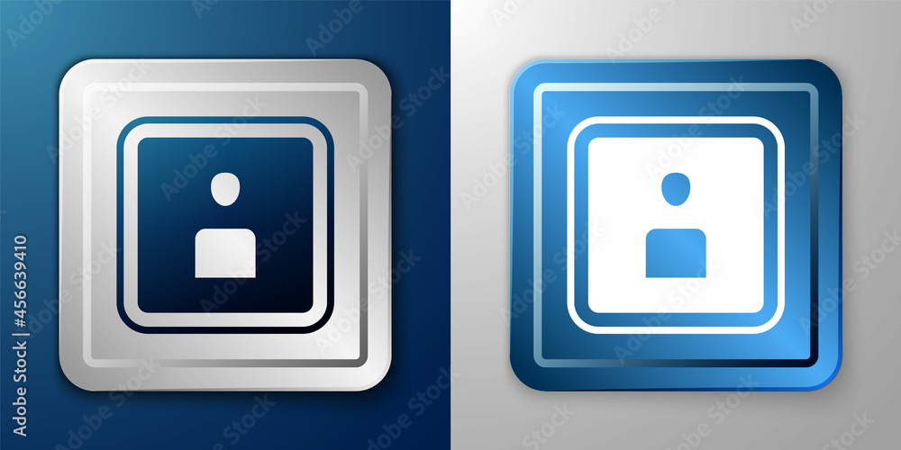 White Play Video icon isolated on blue and grey background. Film strip sign. Silver and blue square button. Vector