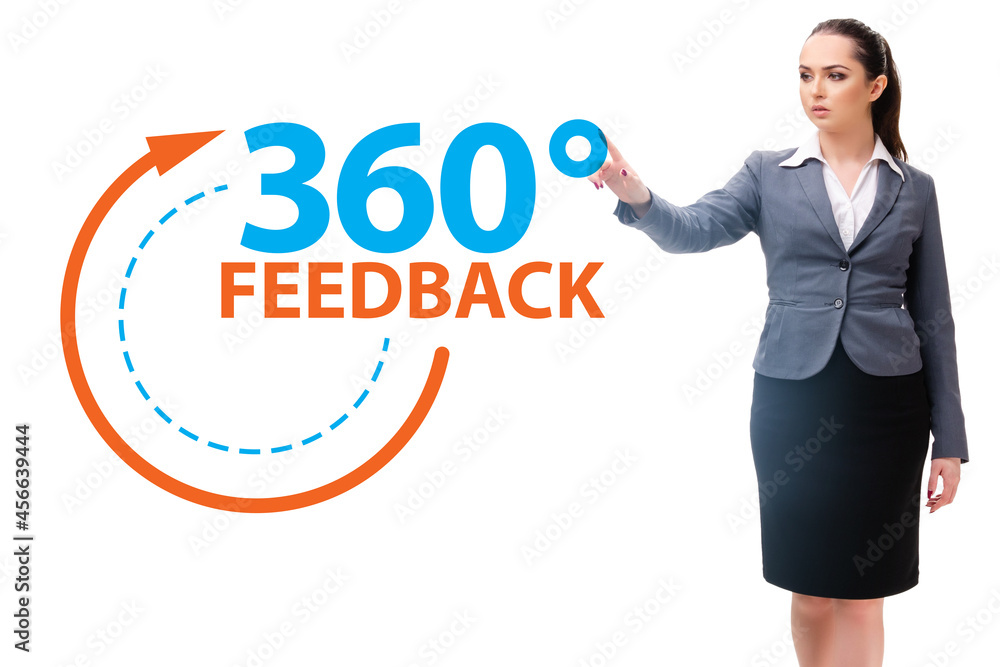 360 degree concept with businesswoman pressing button