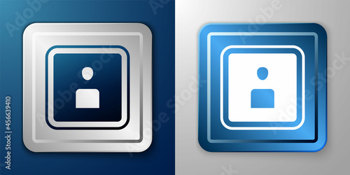 White Play Video icon isolated on blue and grey background. Film strip sign. Silver and blue square button. Vector