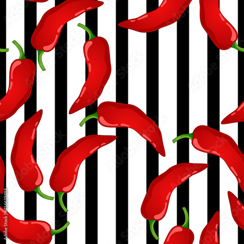 Red Pepper on geometry background vector seamless pattern. Mexican chili spicy vegetable. Hot paprika texture.