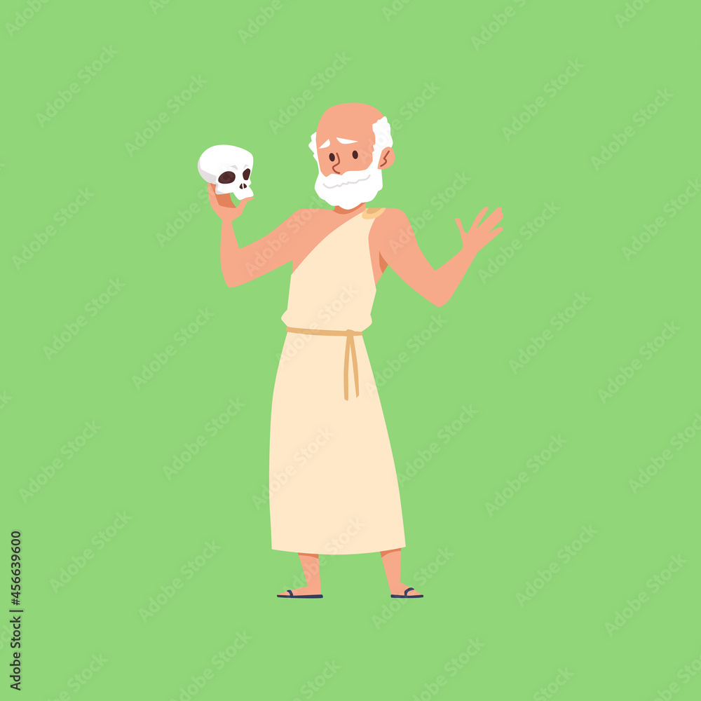 Ancient Greek philosopher holding human skull, flat vector illustration isolated.