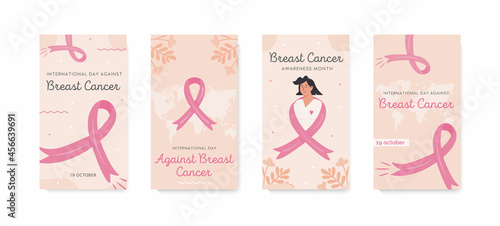 Set of vector stories template for International Day Against Breast Cancer. Collection of banners for social media. Breast Cancer Awareness Month campaign with pink ribbons. Flat style Illustration.