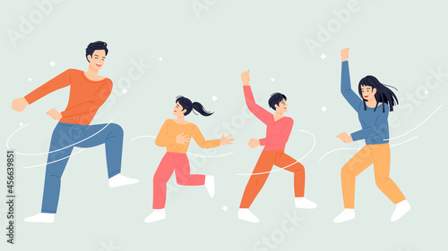 Dad and mom children are dancing happily. flat design style vector illustration.