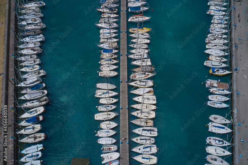 Boat parking top. Top view of sailing boats. Aerial view of boats in the port.