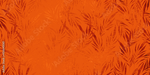 pattern Red and orange leaves of palm tree. Abstract nature background. Autumn dry leaf pattern. Watercolor hand draw branches botanical art. Modern tropical wallpaper. aged texture velvet carpet