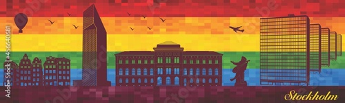 Stockholm on LGBT flag background - illustration, 
Town in Rainbow background, 
Vector city skyline silhouette