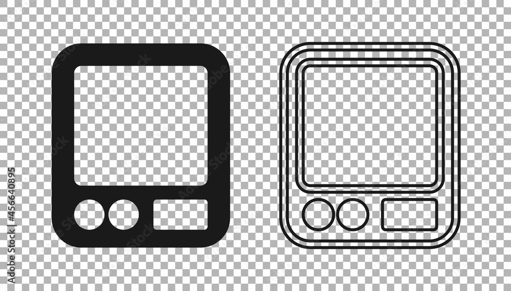 Black Electronic coffee scales icon isolated on transparent background. Weight measure equipment. Vector Black Electronic coffee scales icon isolated on transparent background. Weight measure equipment. Vector