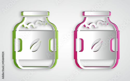 Paper cut Coffee jar bottle icon isolated on grey background. Paper art style. Vector