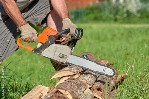 sawing timber with a chainsaw on a sunny day in summer