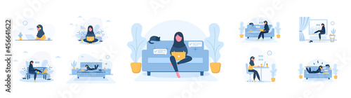 Work from home. Set of women freelancer. Concept illustration for online working, studying, shopping, education. Girls with laptops chatting and blogging. Vector illustration in flat cartoon style.