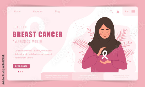 Breast cancer awareness month. Landing page template. Happy arab woman with ribbon. Annual international health campaign. Vector illustration in flat cartoon style.