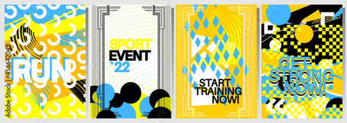 Black, blue, yellow and white sport social media banner templates with unique style. Business brochure collection. Leaflet, A4 size flyer, book cover, presentation, card  template set for marketing.