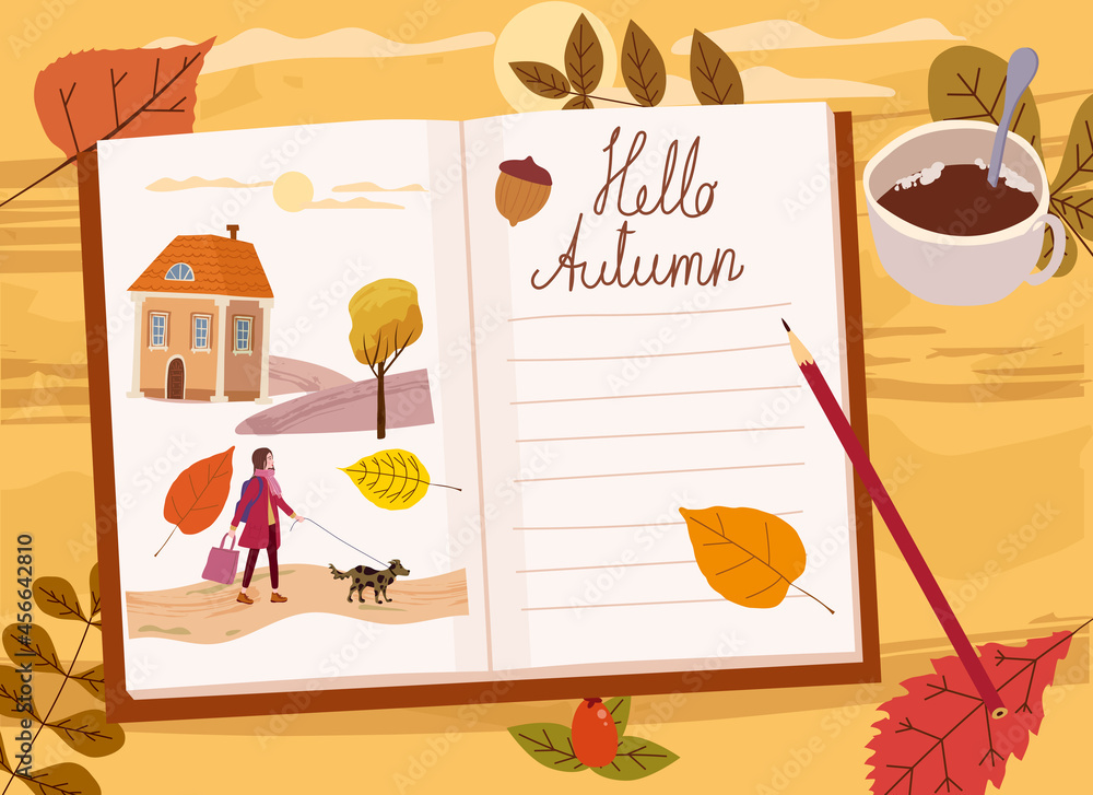 Girls Autumn Diary, autumn yellow, orange leaves, branch, mug of coffee, illustrations. Fall, cozy mood hygge atmosphere. Vector illlustration