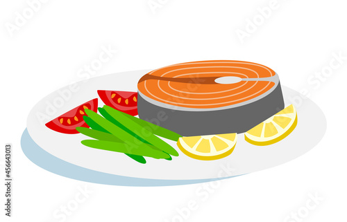 salmon steak tring peas lemon tomatoes on plate vector illustration healthy food