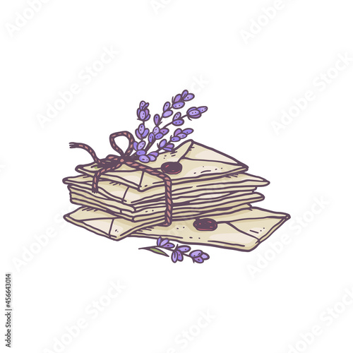 Stack of mail envelopes with lavender flowers, vector illustration isolated.