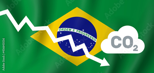 Brazil co2 carbon dioxide emission  graph down  on brazilian flag background vector illustration