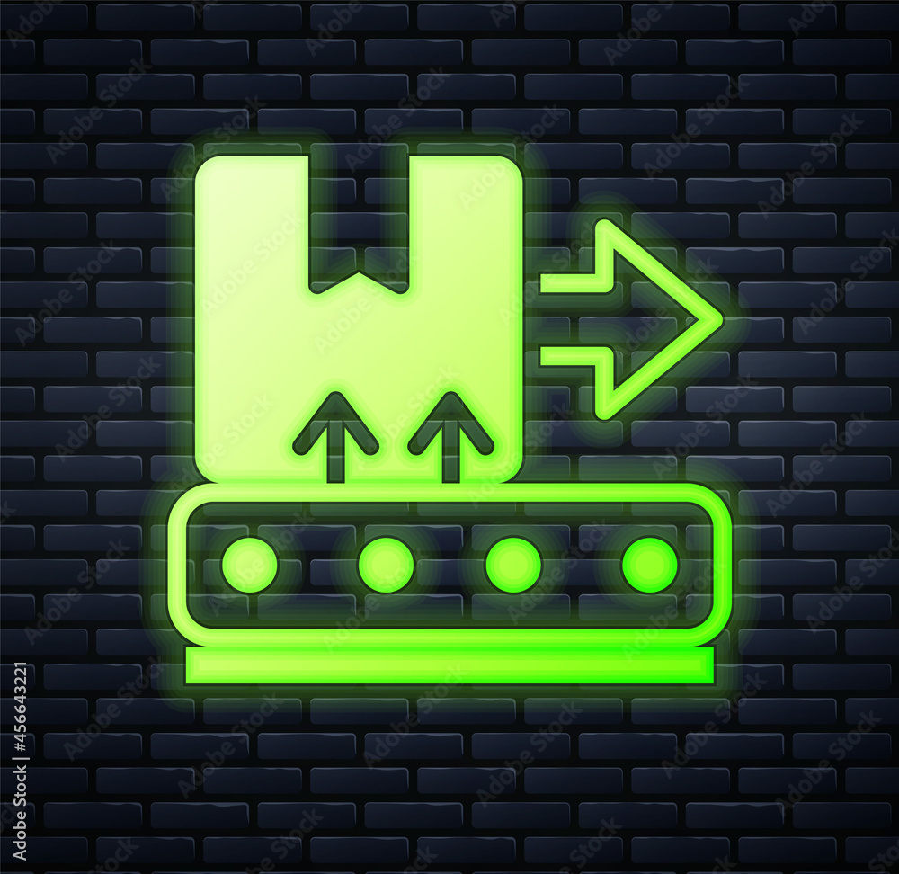 Glowing neon Conveyor belt with cardboard box icon isolated on brick wall background. Vector Glowing neon Conveyor belt with cardboard box icon isolated on brick wall background. Vector