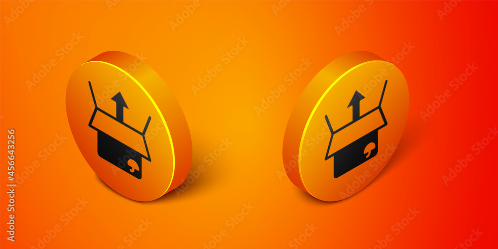 Isometric Unboxing icon isolated on orange background. Orange circle button. Vector Isometric Unboxing icon isolated on orange background. Orange circle button. Vector
