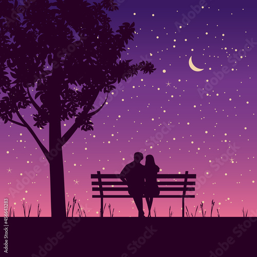 Couple lovers on bench in park, under tree. Night, stars, moon. Vector illustration silhouette