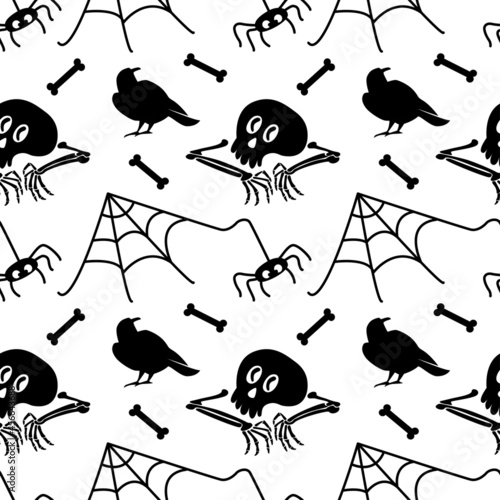 Seamless pattern with skull, bones, spider web, spider isolated on white background. Vector flat illustration. Design for Halloween backdrop, textile, wrapping, wallpaper